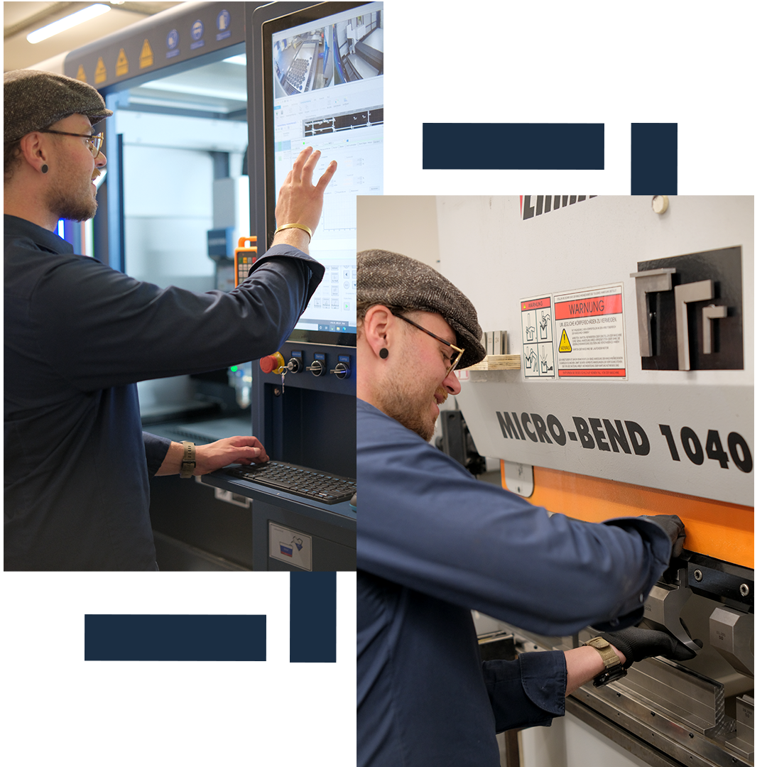 zeigt Simon Gräbner an der Lasermaschine und an der Biegemaschine